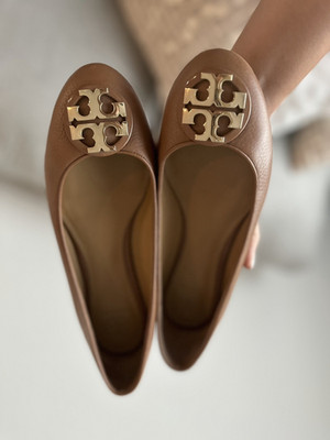Tory Burch Women s Brown Leather Ballet Flats Slip-On Round Toe Logo 7.5M