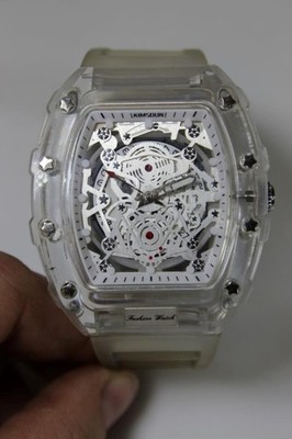 KIMSDUN Skeleton Dial Fashion Watch - Clear, Silver & Red