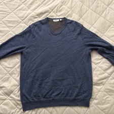 Men's Calvin Klein Blue V-Neck Extra Fine Merino 100 Merino Wool Sweater Size L