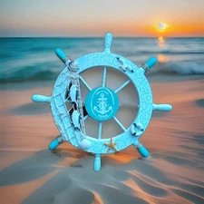Nautical Beach Wooden Boat Ship Steering Wheel Fishing Net Shell Fish Home Deco