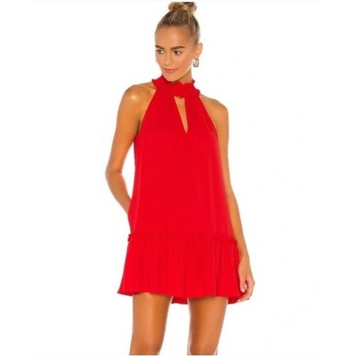 Amanda Uprichard Red Shift Dress Halter Ruffle Mini Smocked High Neck Small S