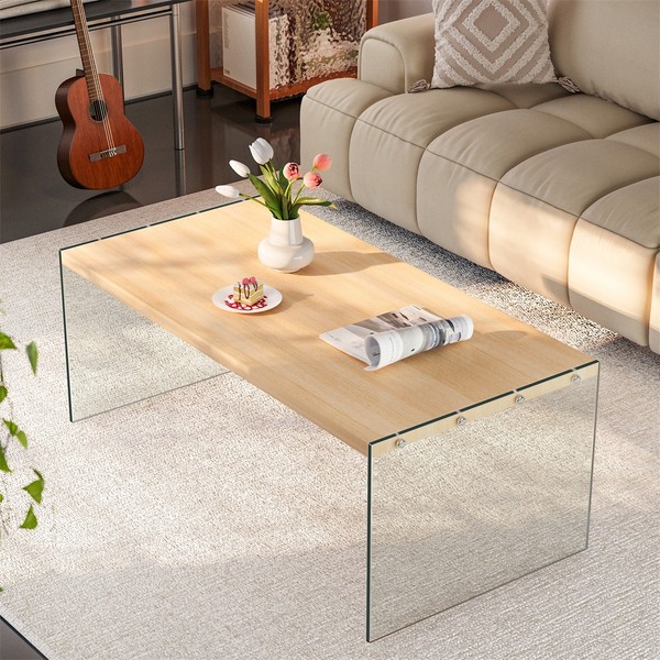 Couchtisch Holzoptik Wohnzimmertisch Kaffeetisch Modern Sofatisch Glas & Holz-image