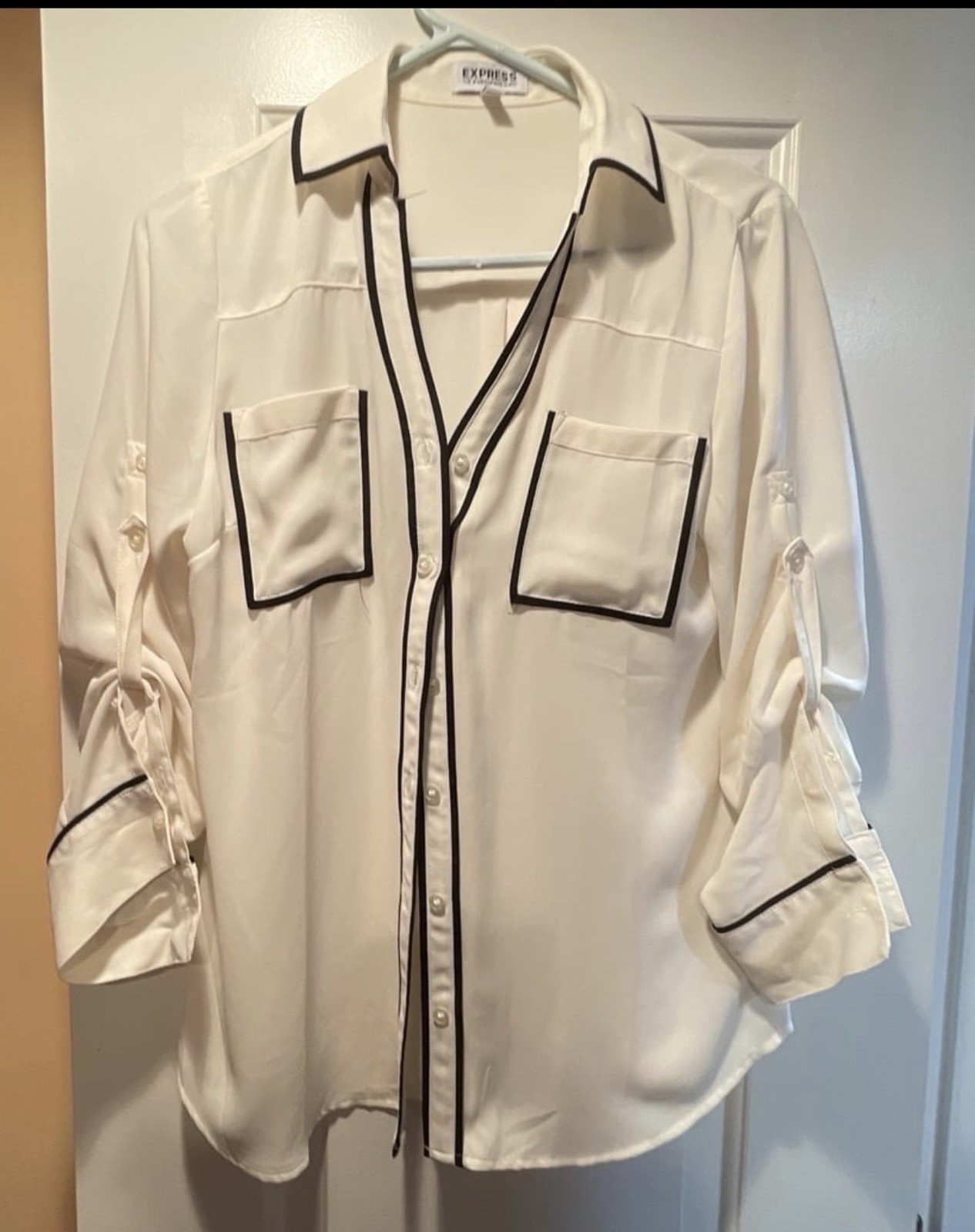 Express White Black Trim Button Front Collared Ro… - image 1