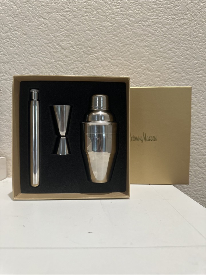 Vintage Neiman Marcus Cocktail Shaker Barware Set 2/4 CL Jigger Original Box