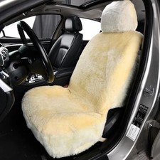 1pc Front Bucket Genuine Sheepskin Car Seat Cover Lambskin Winter Car Beige