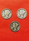 Three Coin Set 1936 P-D-S Circulated As Pictured Mercury Dimes 90% Silver (SP130