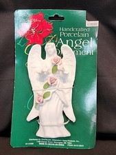 Vintage Christmas Angel Pink Roses Ornament Bisque Ceramic  5.5"  NOS