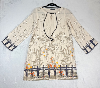Cross Stitch Pima Cotton Tunic Dress Womens M Beige Embroidered Boho Cottagecore
