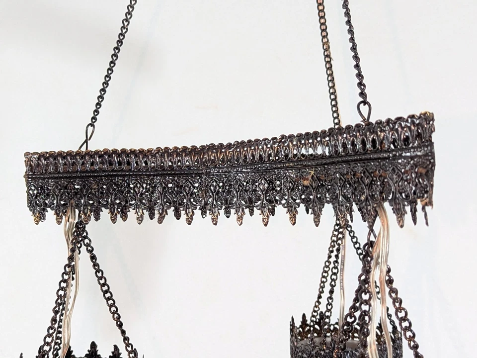 Lámpara de araña BR135 vidrio blanco triple tonos metal ornamentado filigrana aspecto vintage Foto 4 de 4