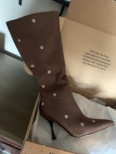 Metal Button Spliced Denim High Heel Barrel Internet Celebrity Auto Show Boots