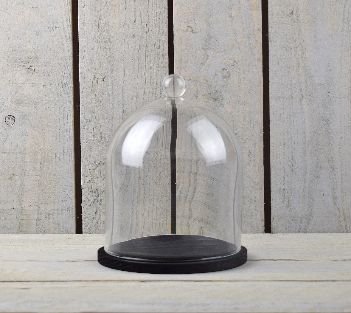 EMH Handmade Clear Circular Glass Cloche Dome Bell With Knob and Black Wooden...