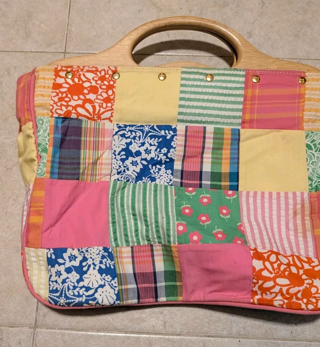 Lilly Pulitzer Patchwork Bag Wooden Handle Rare Multcolor 100percent Cotton image 5