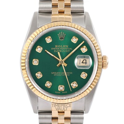ROLEX DATEJUST 16013 WATCH 18K GOLD & STEEL 36MM GREEN DIAMOND DIAL FLUTED BEZEL