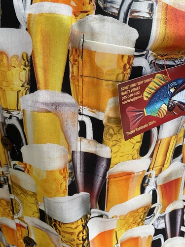 "Tazas de Cerveza" Pequeña, CAMISA ALGO PESCADO, Camisa Hawaiana Hombre, Algodón, - Imagen 3 de 7