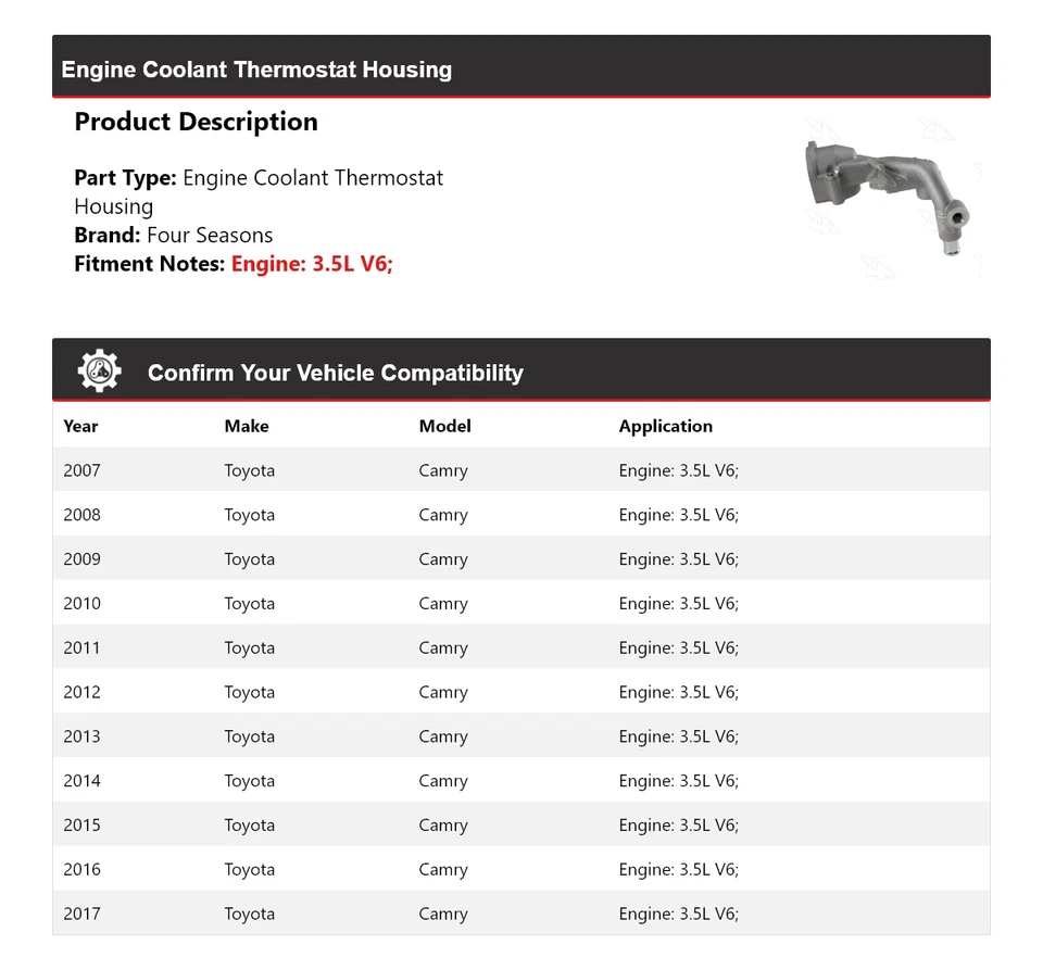 Carcasa termostato refrigerante motor V6 3,5 L Toyota Camry 2007-2017 4 estaciones Foto 2 de 4