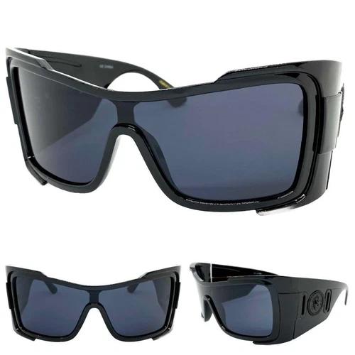Oversize Retro Wrap Shield SUNGLASSES Huge Big Super Thick Black Frame Dark Lens