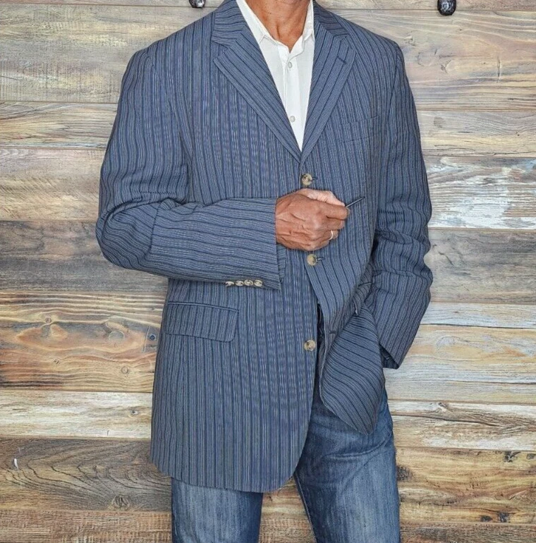 Jack Victor Mark Shale Canada 100% Wool Blue Ribbed Blazer Sport Jacket Size 43L - Image 4 of 4