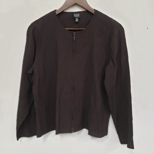 Eileen Fisher Women Textured Full Zip Jacket Size L Petite Brown Stretch Ethical