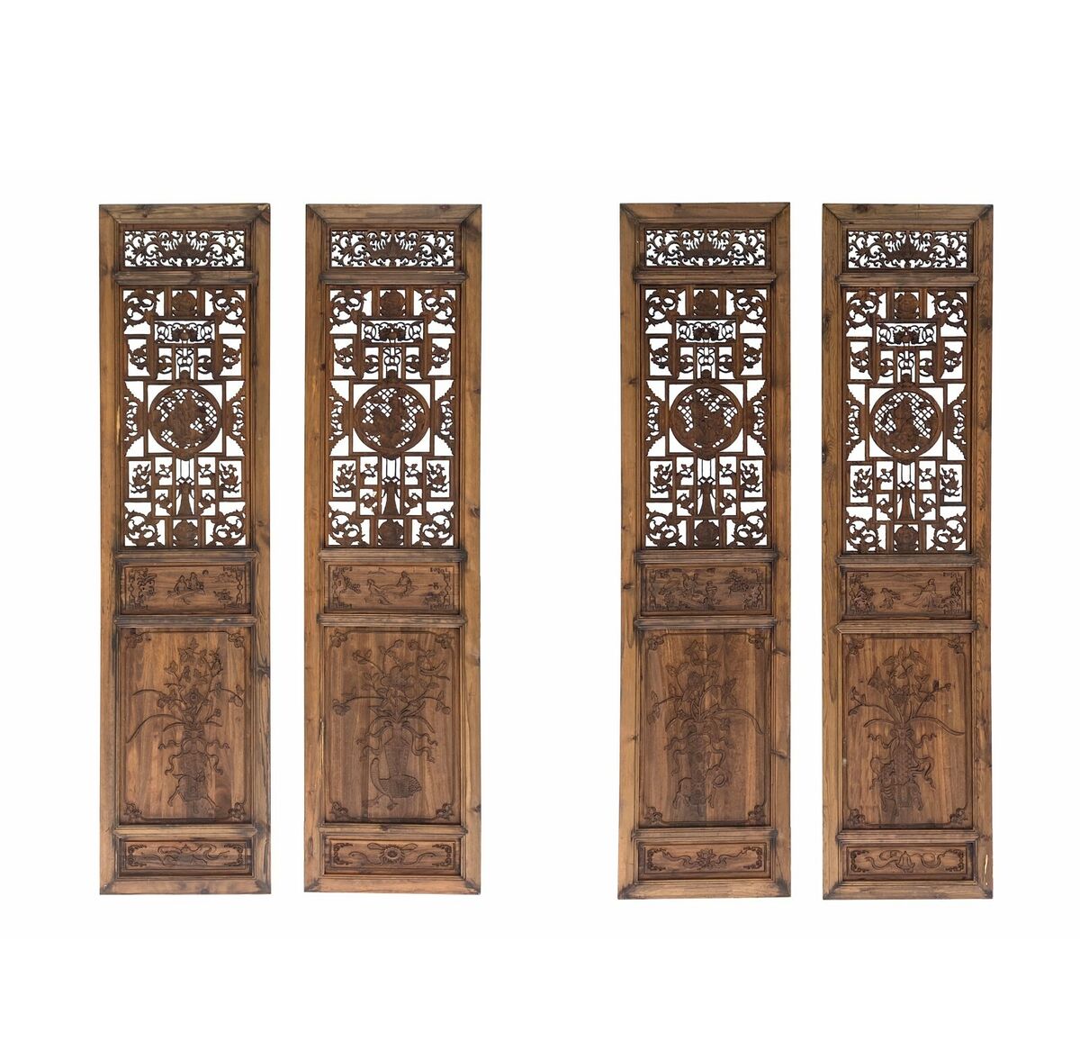 Set of 4 Vintage Chinese Eight Immortal Theme Wood Tall Panel Screen Divider cs6973S Set of 4 Vintage Chinese Eight Immortal Theme Wood Tall Panel Screen Divider cs6973S