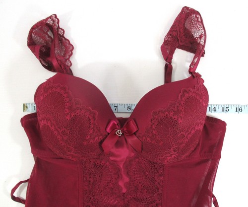 LoveHoney Lingerie Moonlight Satin & Lace Plunge Basque Set Wine Size L - Picture 8 of 12