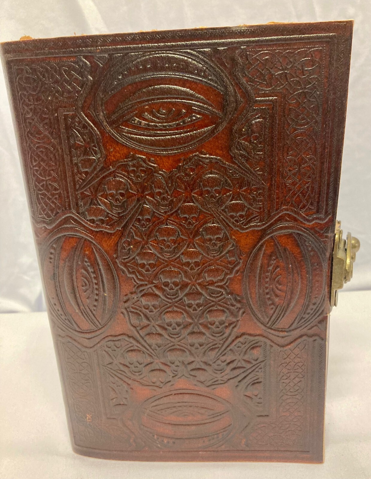 Handcrafted Vintage Leather Journal with Tooled Skulls & Eyes – 8.5x5.5 Inch Clasp Closure