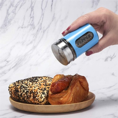 Durable Blue Stainless Steel and Glass Spice Shakers with Adjustable Pour Holes - Picture 10 of 10