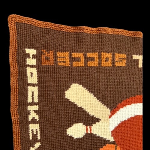 Vtg Afghan Knitted Blanket Throw Sports Football Brown Orange Cream 44”x 55” - Picture 10 of 11