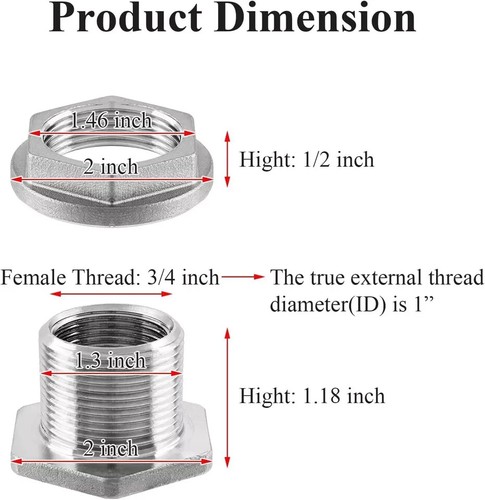 3/4" NPT Female Thread Bulkhead Water Tank Fitting, 304 Stainless Steel - Picture 2 of 5