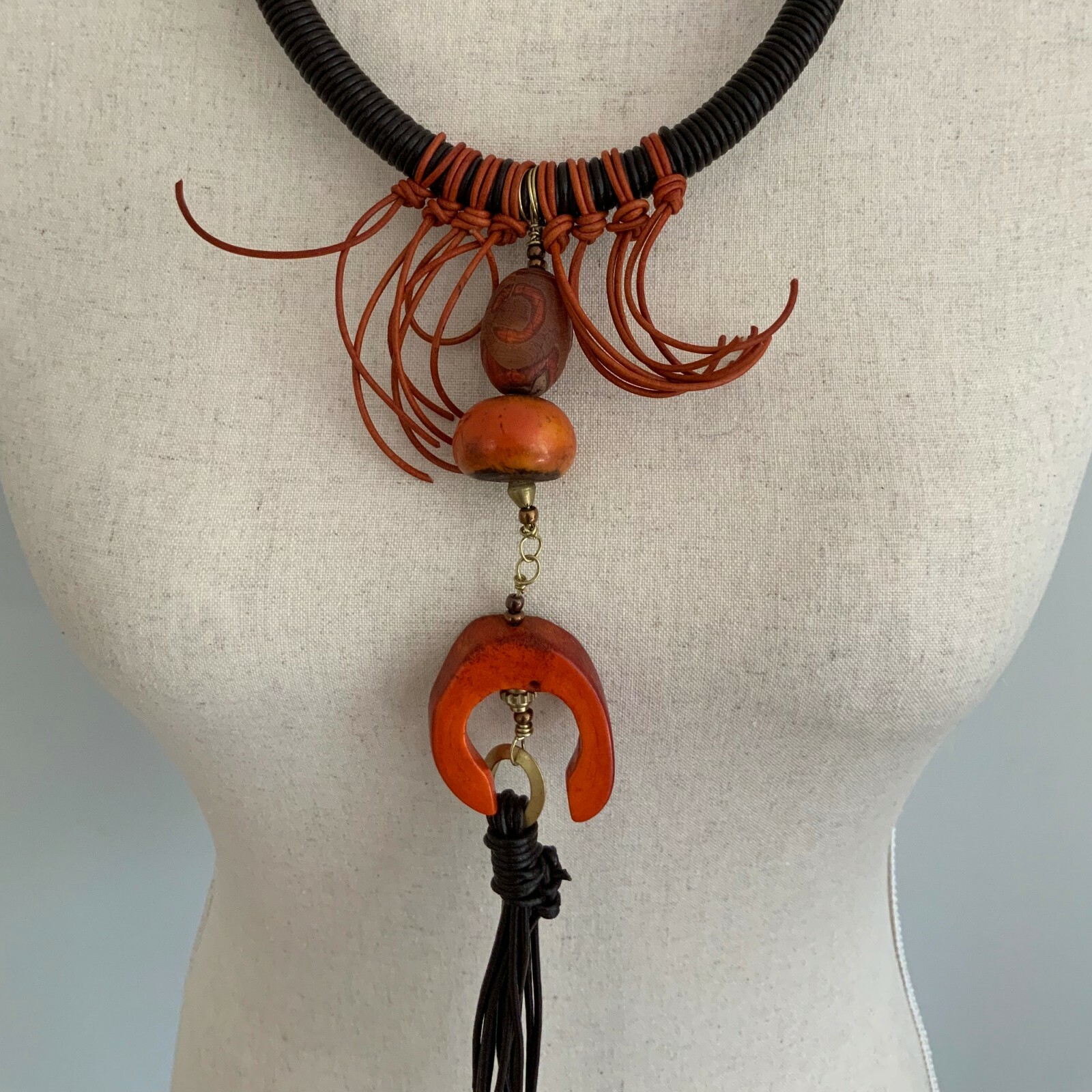 Long Runway Statement Boho Chic Brown Orange Leat… - image 4