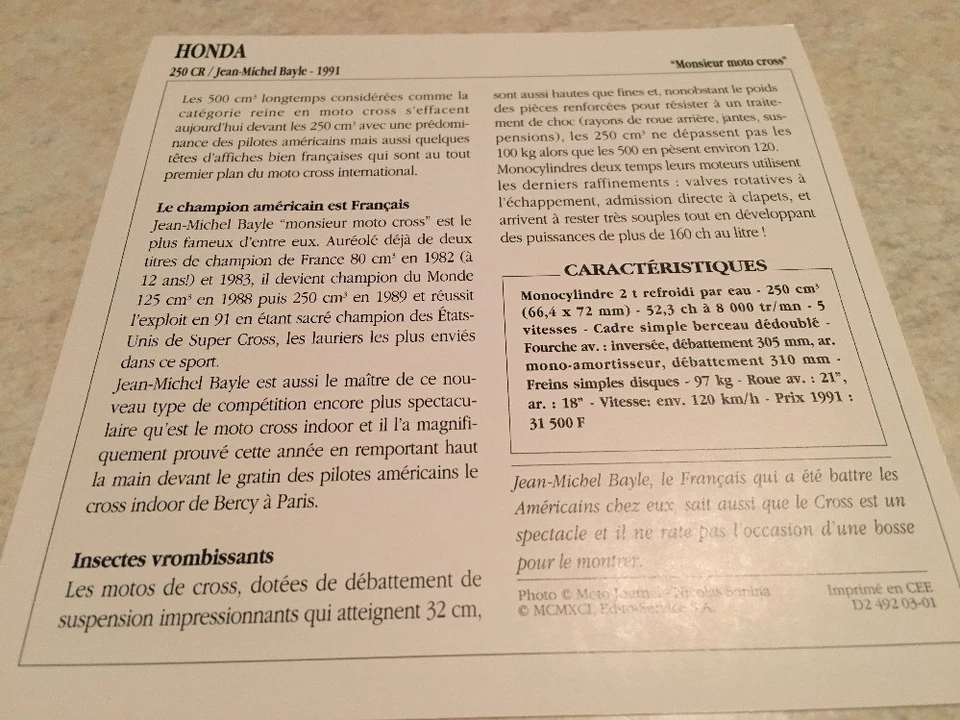 Tarjeta Moto Honda 250 Cr Jm Bayle 1991 CR250 Colección Atlas Motocicleta Japón - Imagen 2 de 2