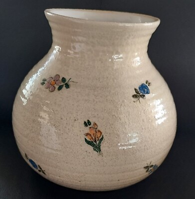 Vintage Redware Pottery Jug Crock Container Vase Hand Painted Flowers Signed I/R