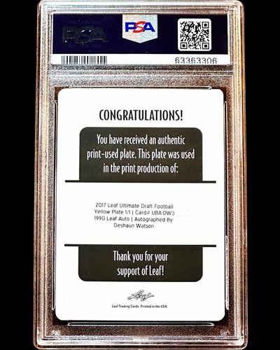 TRUE 1/1 - Deshaun Watson RC 2017 Leaf Yellow Plate Rookie Auto PSA A / AUTO 10 - 第 2/3 張圖片