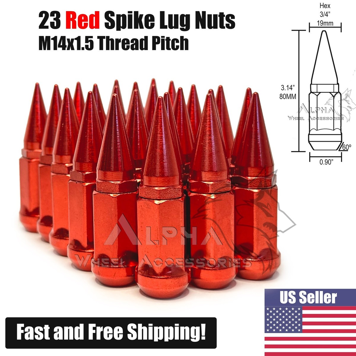 23 Red Spike Lug Nuts 14x1.5 For 2019 & Newer Jeep Wrangler JL