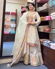 Indian Bollywood Top Sharara Dupatta Set Heavy Chinon Silk Designer Salwar Suit