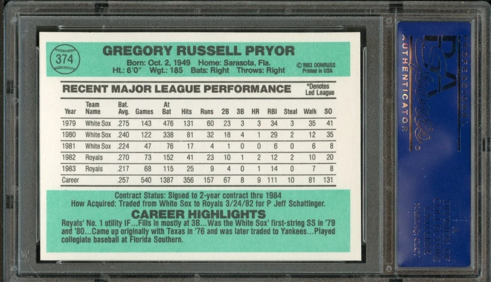 BB - 1984 Donruss - #374 - Greg Pryor  - PSA 10 - GEM MT - Image 2 of 2