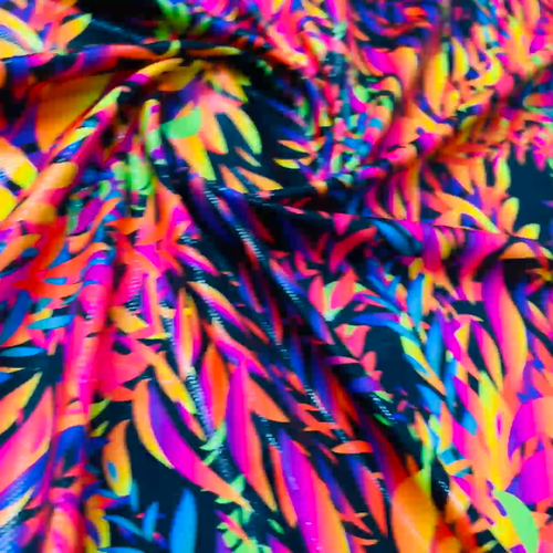 Multicolor Neon Metallic Blätter Druck Nylon Spandex Stoff 4 Wege Stretch von - Video 1 von 1