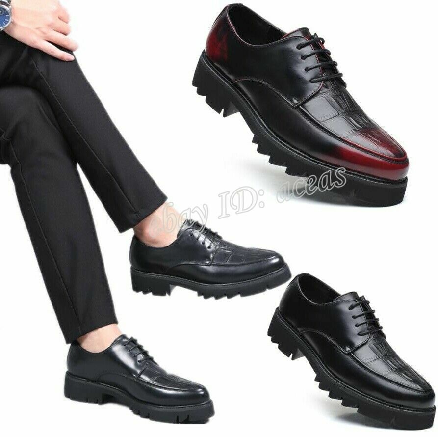 Mens Business Leather Chunky Heels Lace 