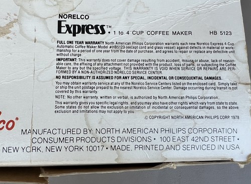Neu im Karton Vintage MCM Norelco Express HB 5123 1-4 Tassen Automatische Tropf Kaffeemaschine - Bild 18 von 19