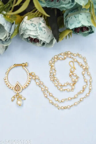 Kundan Meena Indian Jewelry Wedding Set Nath Nose Hoop Nostril Ring Gold Plateda