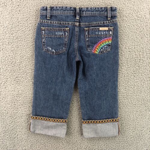 Jordache Jeans Girls Size 8 Capri Wide Cuff Rainbow Embroidered Distressed Denim - Picture 2 of 10