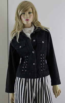 Jeansjacke Denim C&A Vintage 90er S Schwarz FadeOut Schnürung tailliert 100% Bw