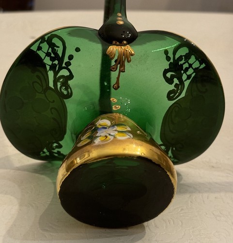 Vtg Murano Glass BASKET Handle Green Gold Raised Flowers - Picture 3 of 7