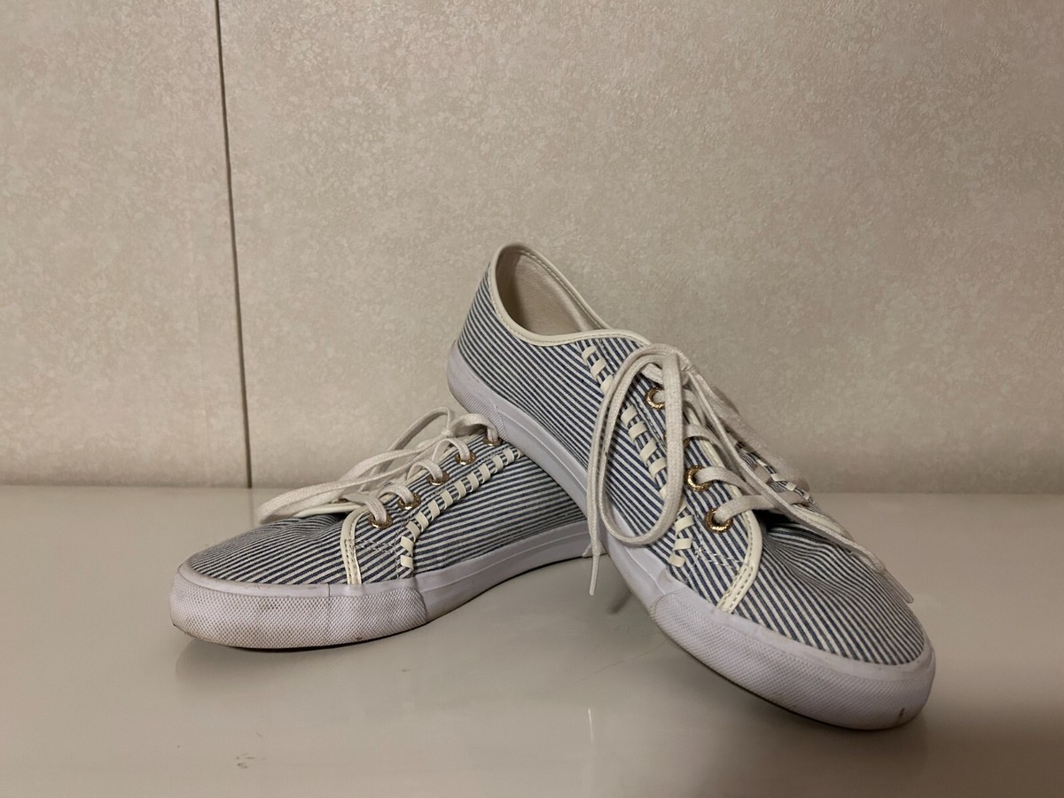 JACK ROGERS Sz Navy Blue White Stripes with Leather Trim