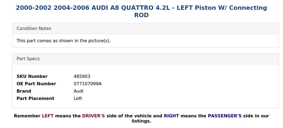 AUDI A8 QUATTRO 2000-2002 2004-2006 4,2 L - Pistón izquierdo con varilla de conexión Foto 3 de 4