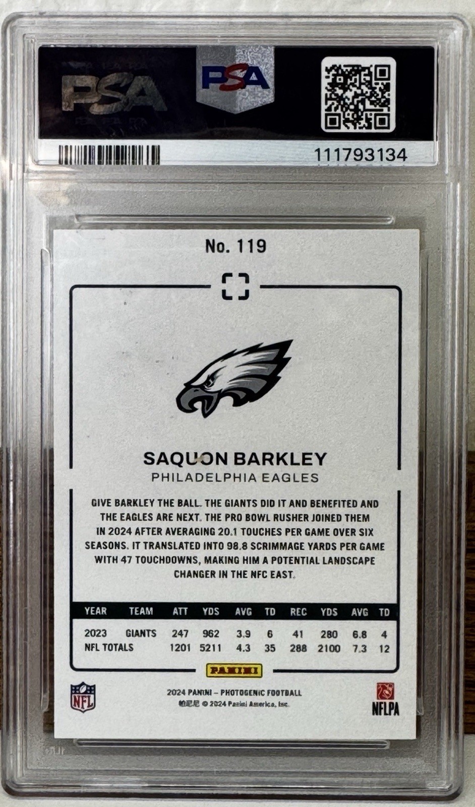 POP 1 2024 Photogenic Saquon Barkley Blue /99 PSA 10 Eagles OPOY SB LIX NFL view 2