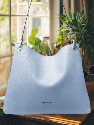 Michael Kors Christina Large Leather Shoulder Tote Bag Pale Ocean Handbag Purse