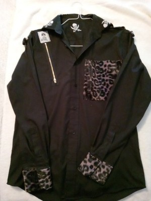 Designer NELLA BELLINZONI POGO LABEL PUNK SHIRT   BLACK SKULLS , LEOPARD FUR