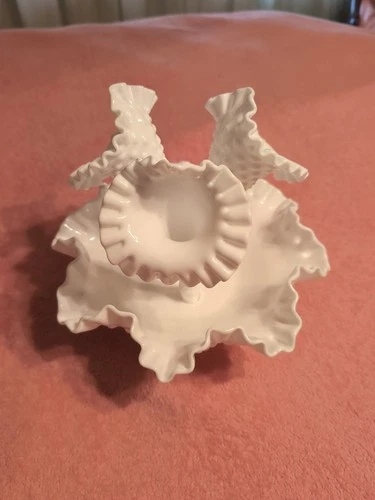 Vintage Ruffled Fenton Milk Glass Hobnail 3 Horn Trumpet Vase Epergne EUC