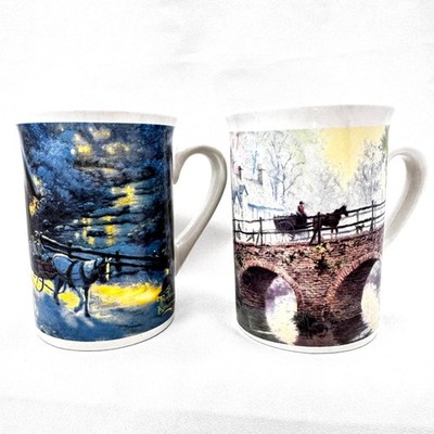 2 Thomas Kinkade Mugs Winter Evening Memories + Horse & Buggy on Bridge - READ