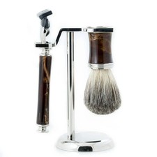 Chrome Razor and Badger Brush Shaving Set with Brown Enamel Handles